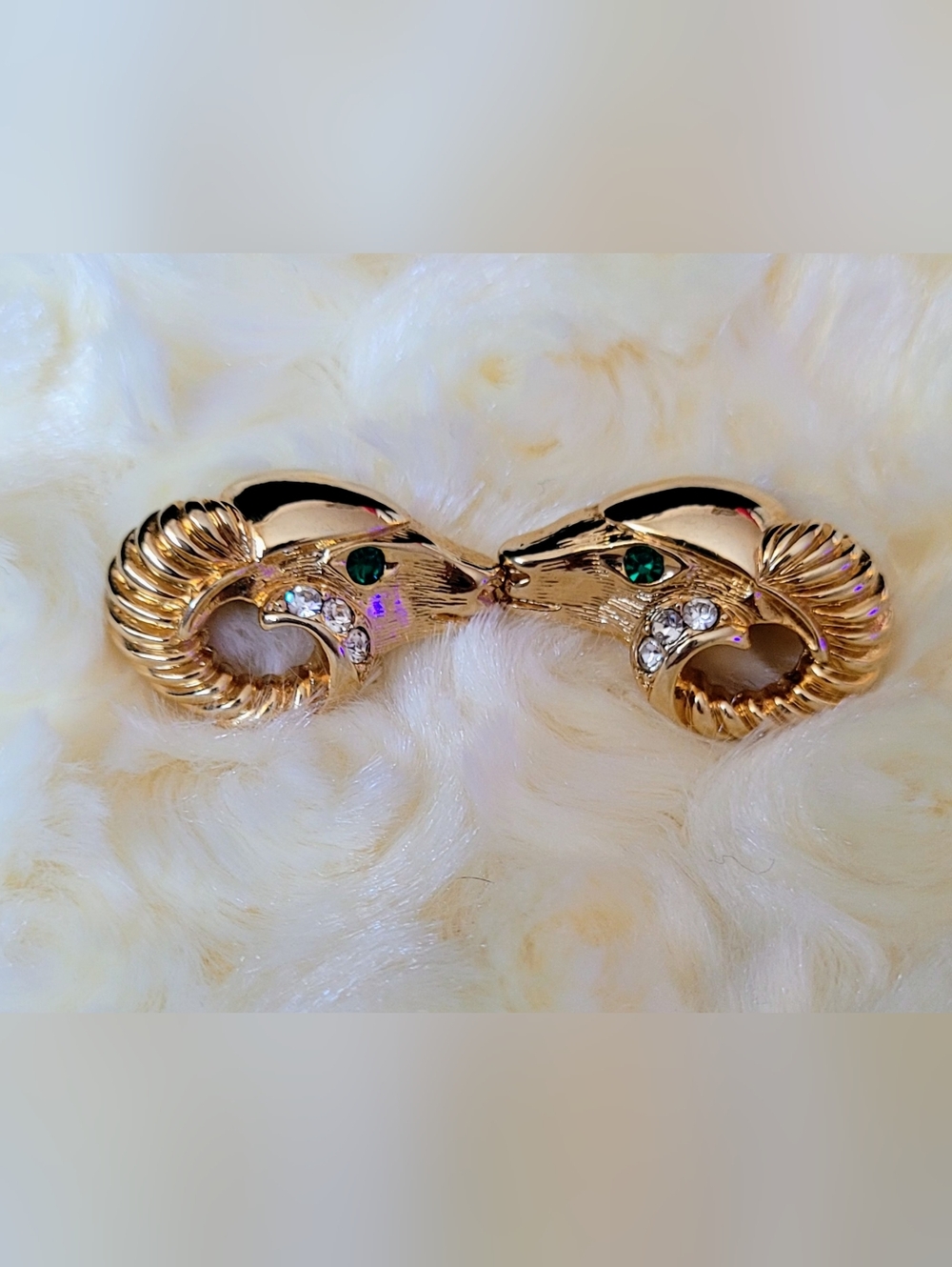KJL for Avon Rams Head Gold Tone Post Earrings with Green Crystal Eyes
